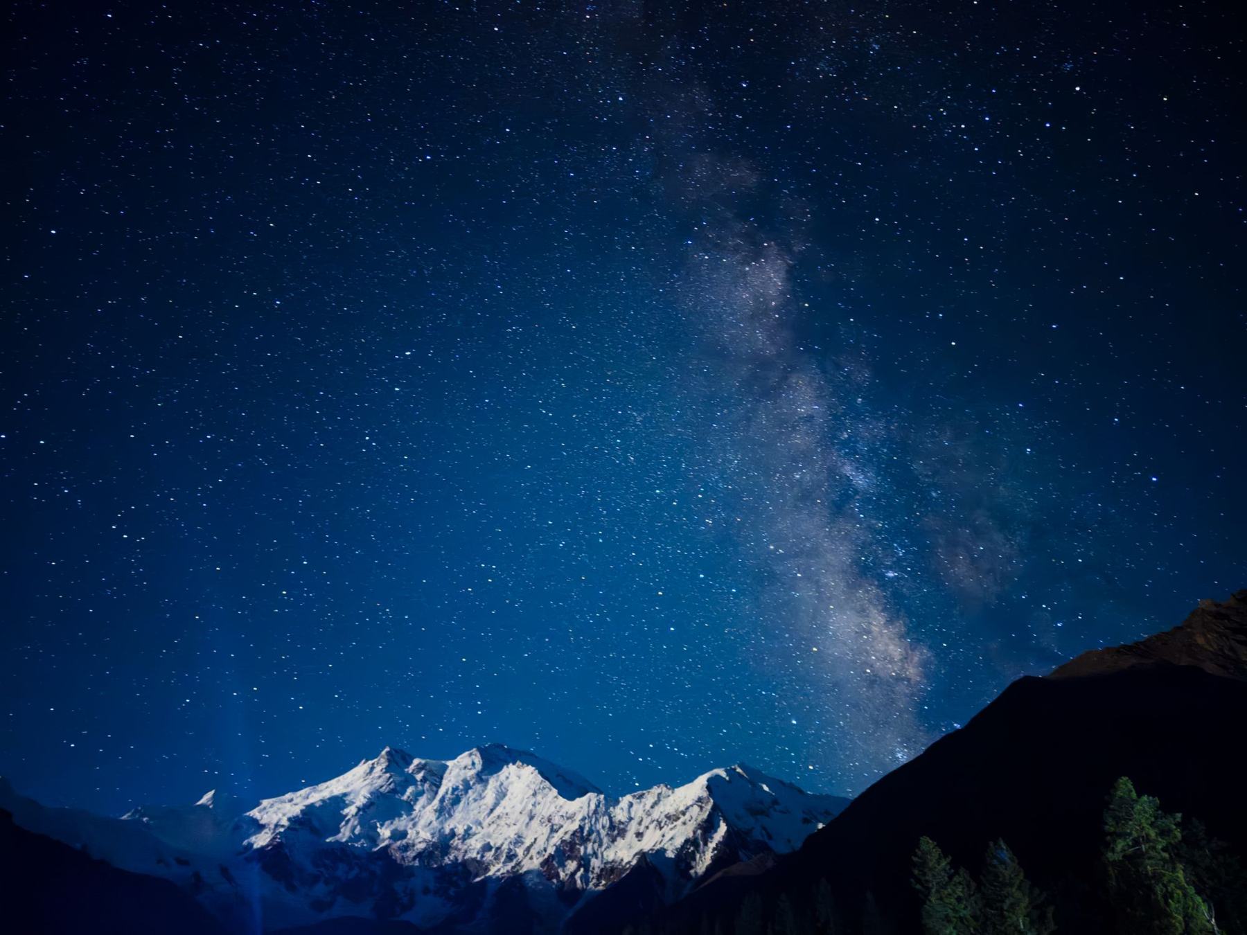 The Milky Way galaxy shining brightly over snowy Nanga Parbat in northern Pakistan's night sky.