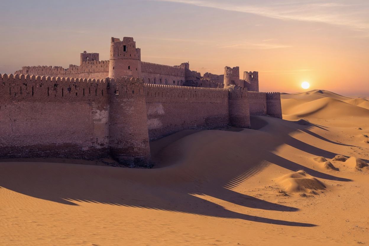 A vast brick fort on the desert edge.