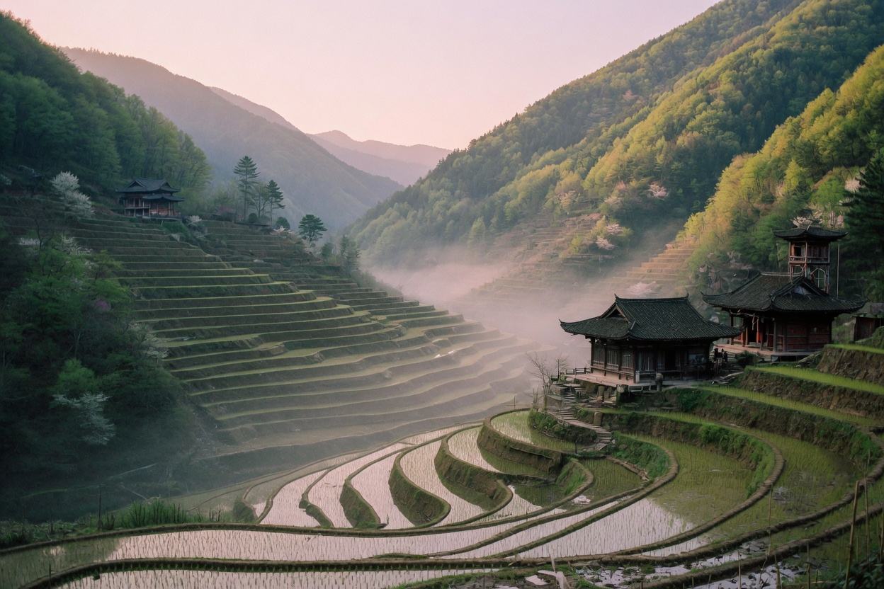 Wooden temples and terraced fields.