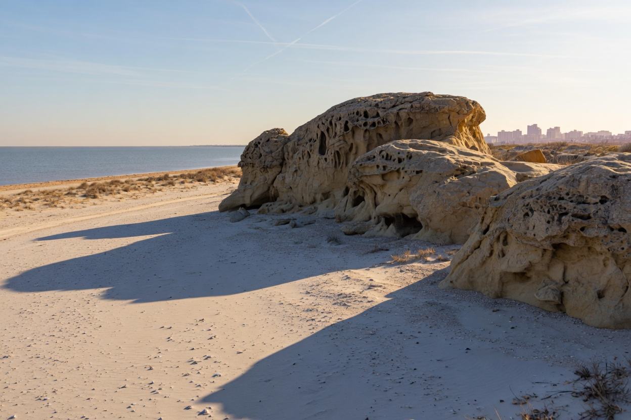 A pale beach and carved coastal rock.