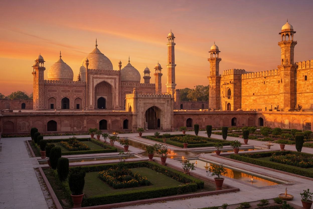 Mughal stone turning gold at sunset.